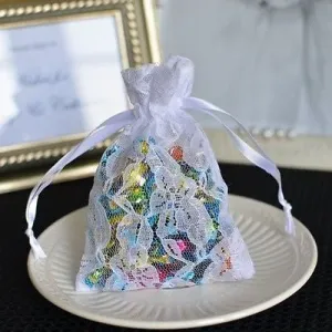 12 White Small Flower Lace Favor Bag Pouches with Satin Ribbon Wedding Birthday Baby Shower
