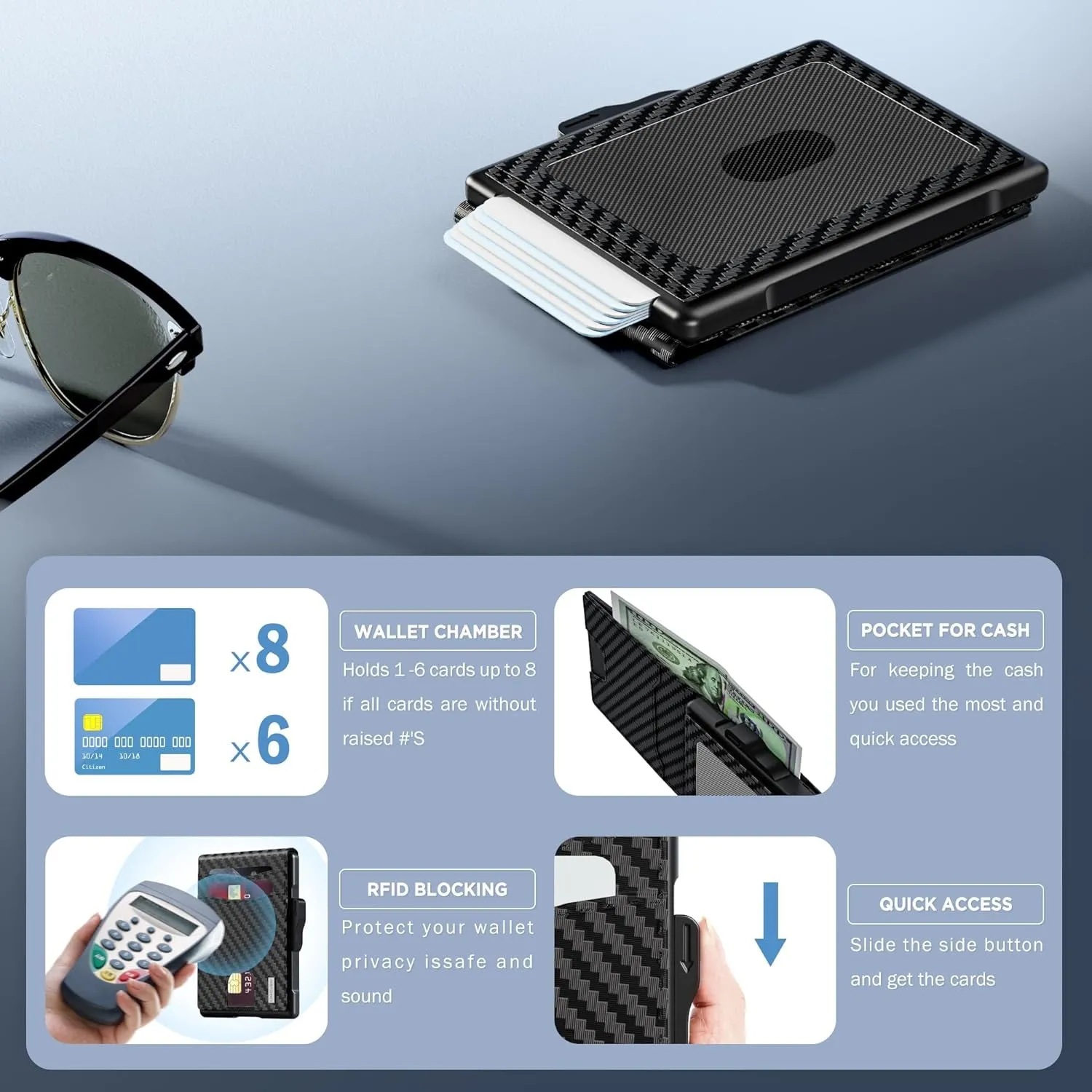 Aluminum Wallet for Men - Carbon Fiber Pop Up Credit Card Case