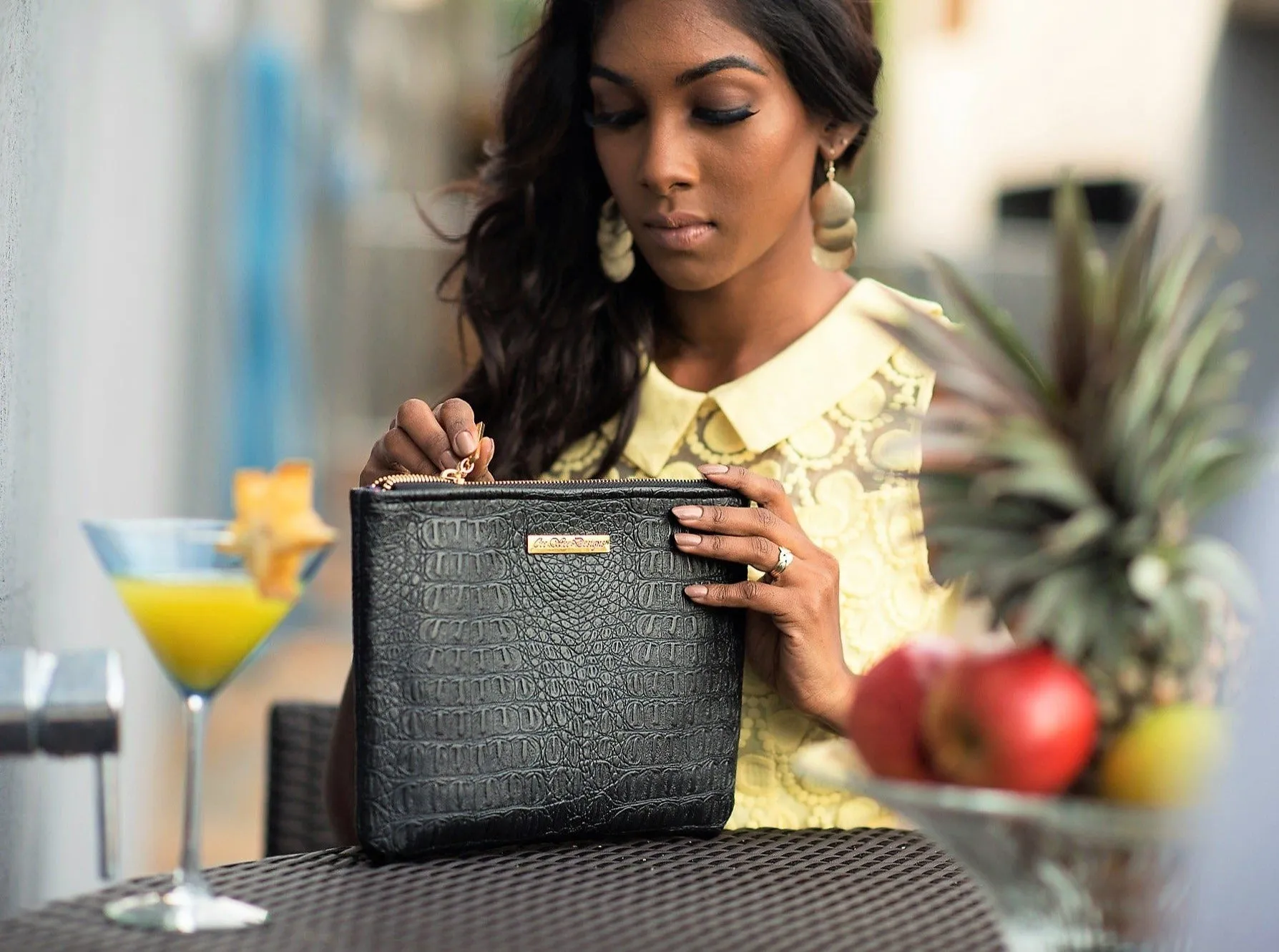 Black Leather Zip Clutch
