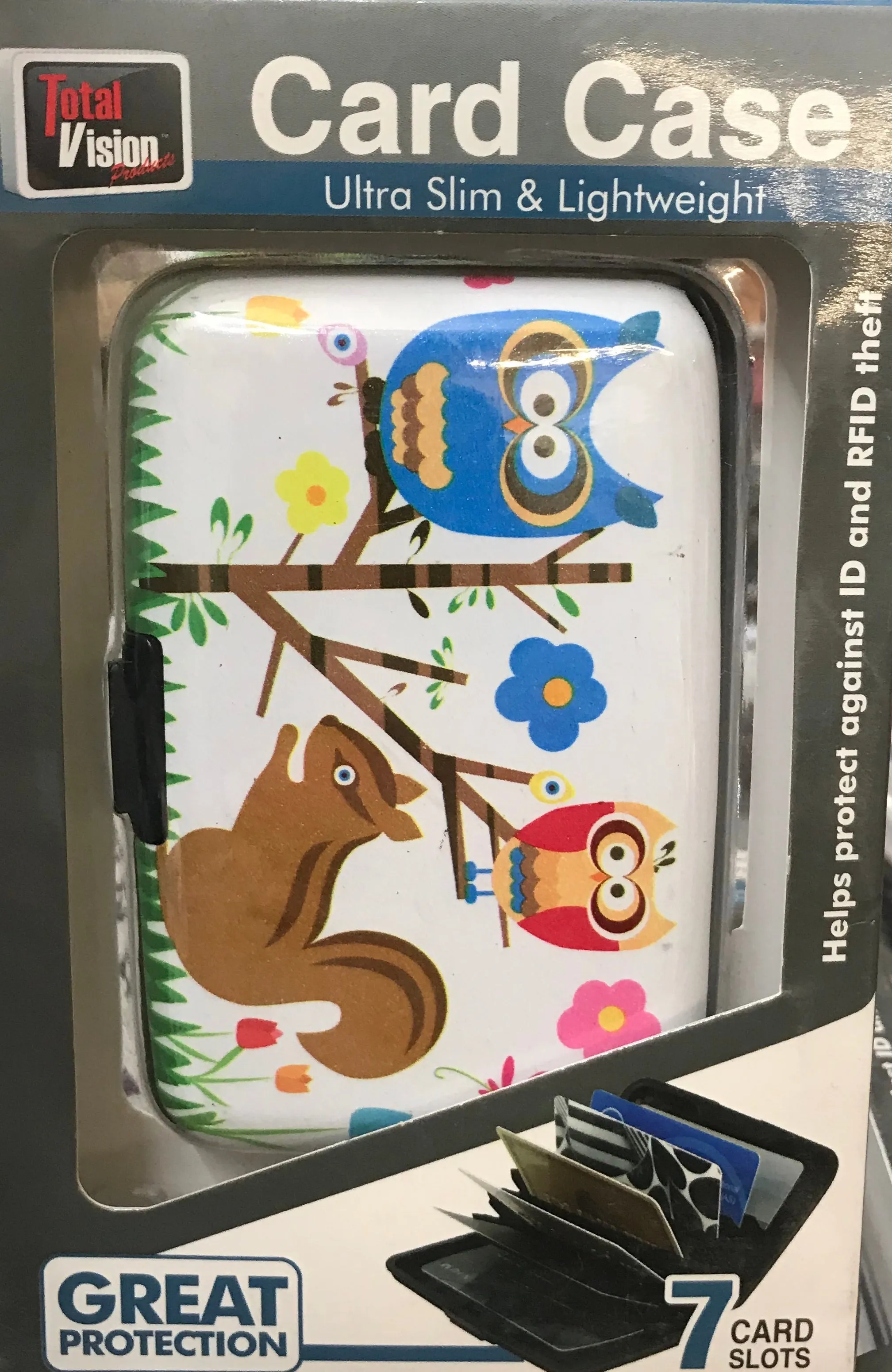 Brand new Total Vision Ultra Slim & Lightweight RFID Blocking Card Case! 7 Card slots! Fits in your pocket or purse! Protects from Identity Theft! Owls/Squirrel