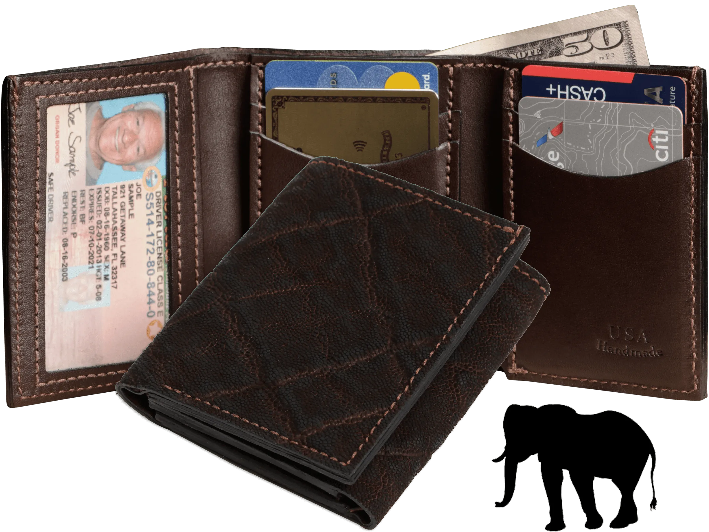 Dark Brown Elephant Luxury Designer Exotic Trifold Wallet With ID Window