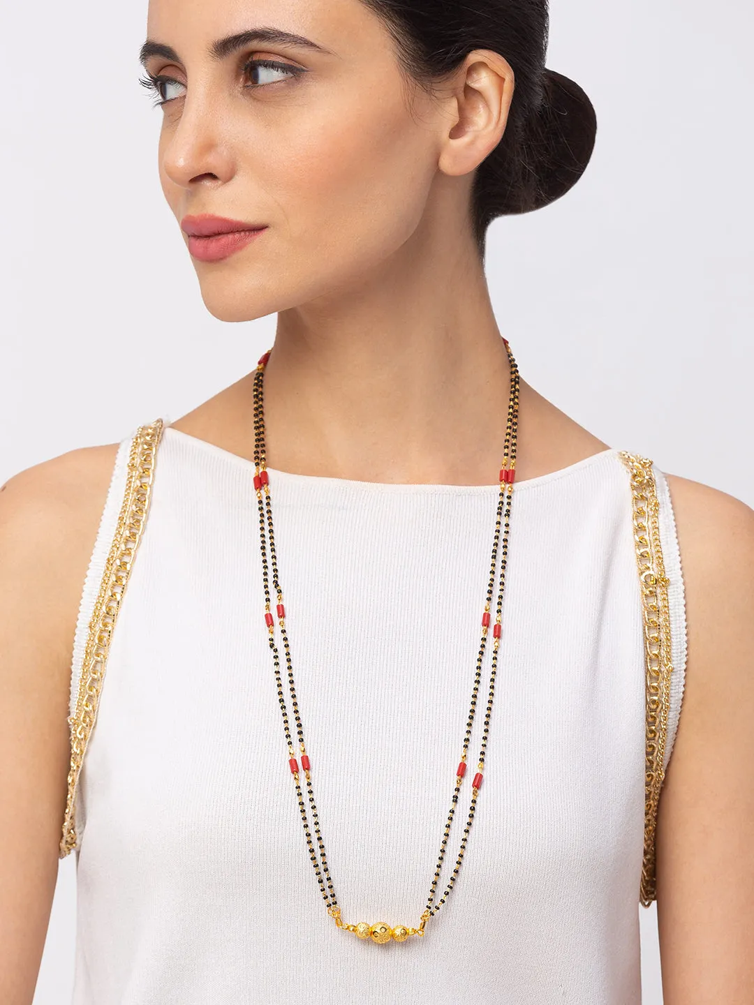 Digital Dress Room One Gram Gold Plated Long Mangalsutra मंगलसूत्र Latest Design Tanmaniya/Long Gold Chain/Black Red Beads New Mangalsutra Designs For Women (30 Inches)