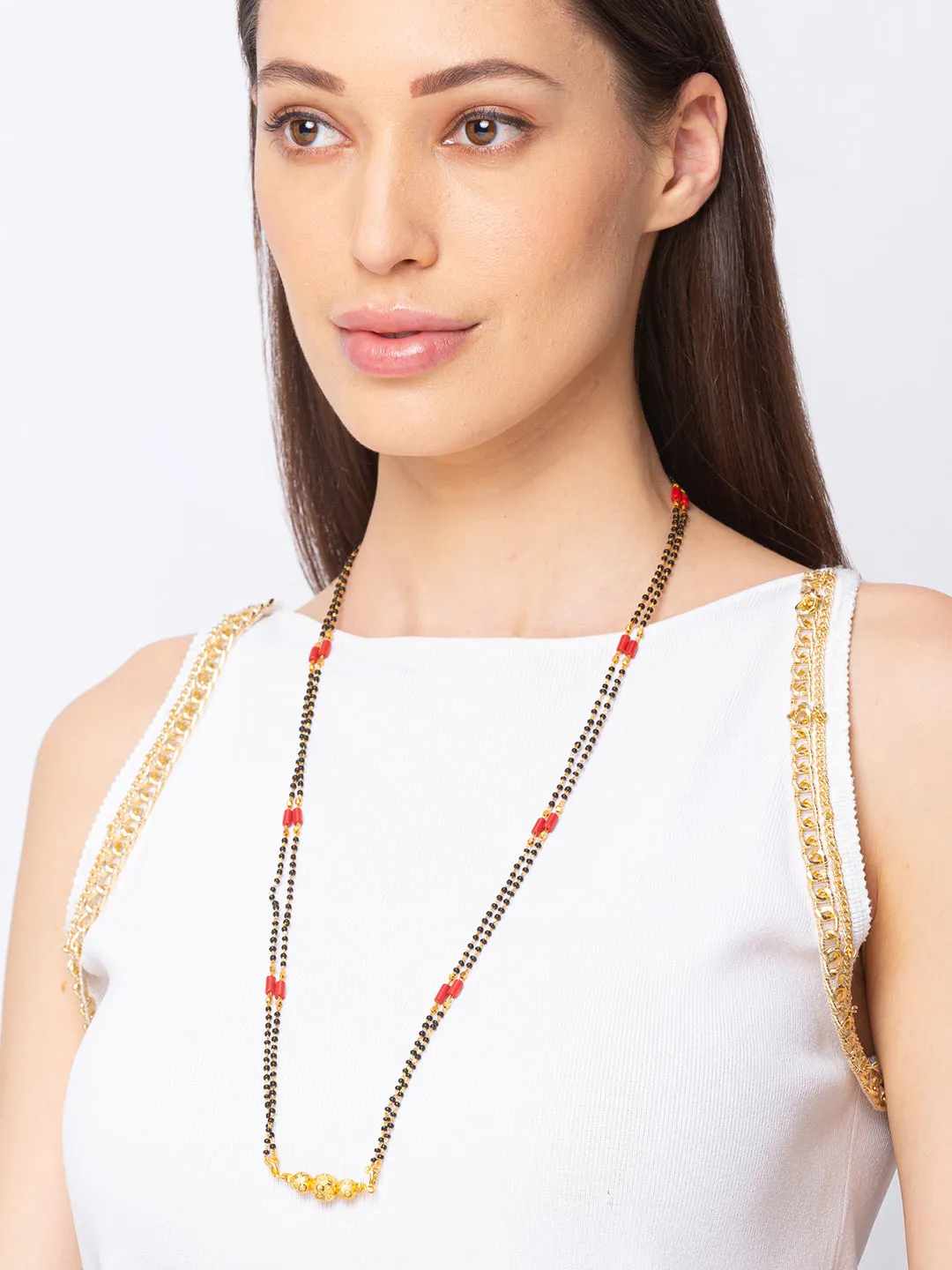 Digital Dress Room One Gram Gold Plated Long Mangalsutra मंगलसूत्र Latest Design Tanmaniya/Long Gold Chain/Black Red Beads New Mangalsutra Designs For Women (30 Inches)