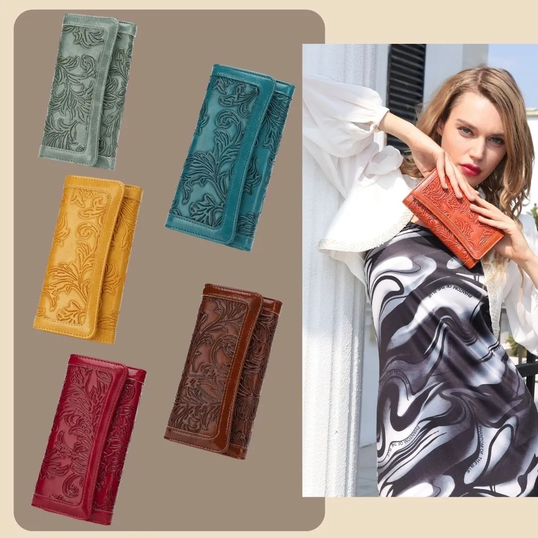 Embossed Wallet For Women RFID Blocking Ladies Long Purse Credit Card Holder Slots with Zipper Pocket