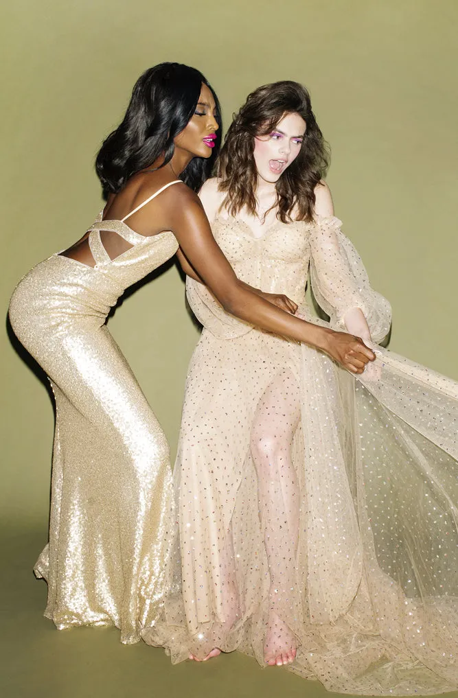 Kim Cross Back Gold Sequin Gown by Theia Couture - RENTAL