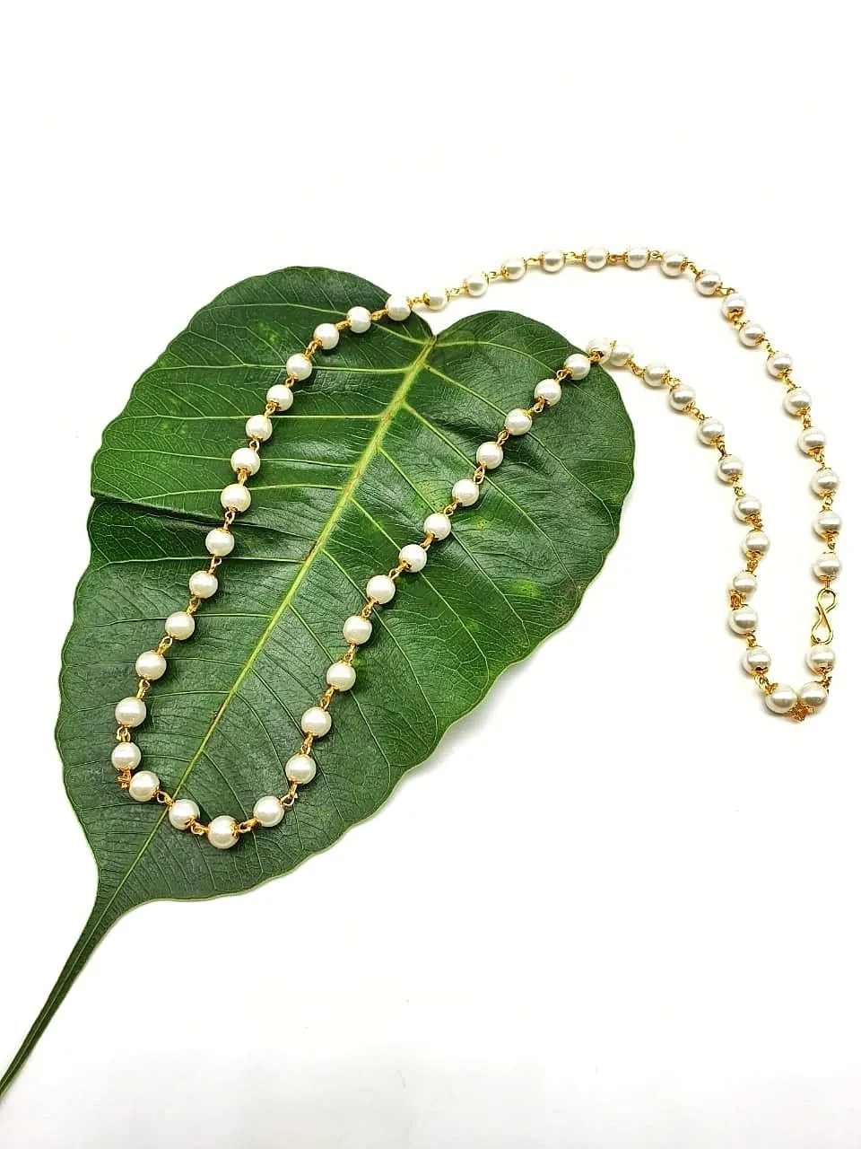 Latest Long Necklace Designs in Gold Finish White Pearl Bead Traditional Mala Necklace