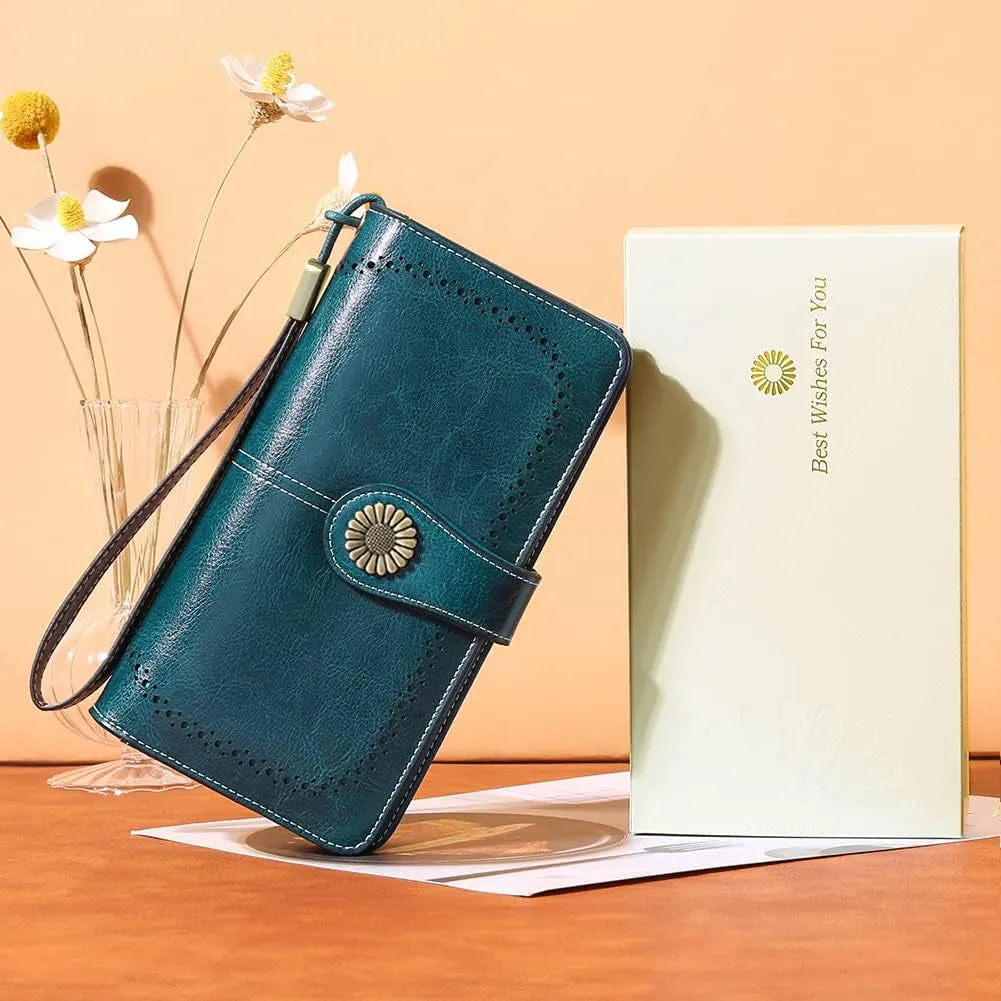 Leather Clutch for Women, RFID Blocking Wristlet Wallet