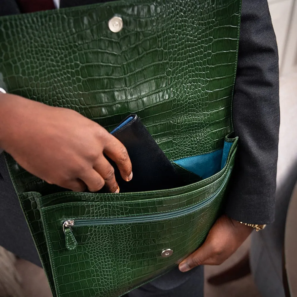 Leather Oxford A4 Portfolio Case - Green Croc-Effect