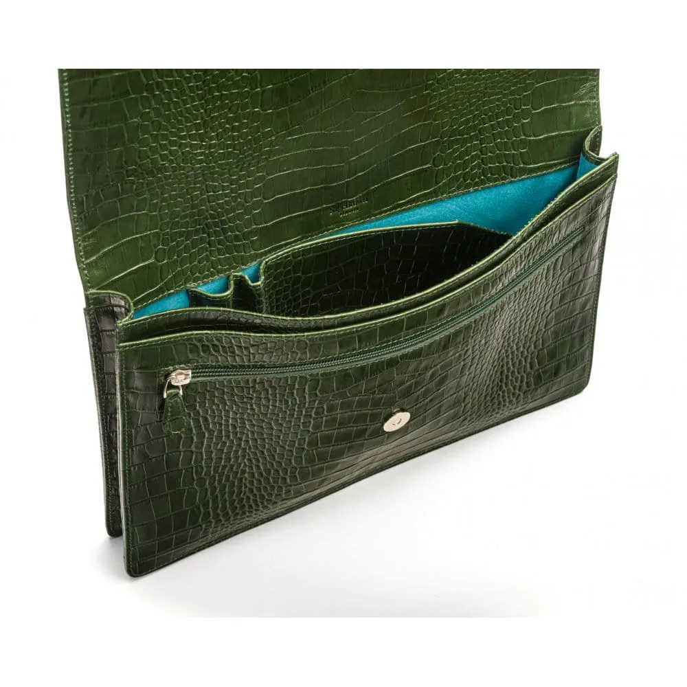 Leather Oxford A4 Portfolio Case - Green Croc-Effect