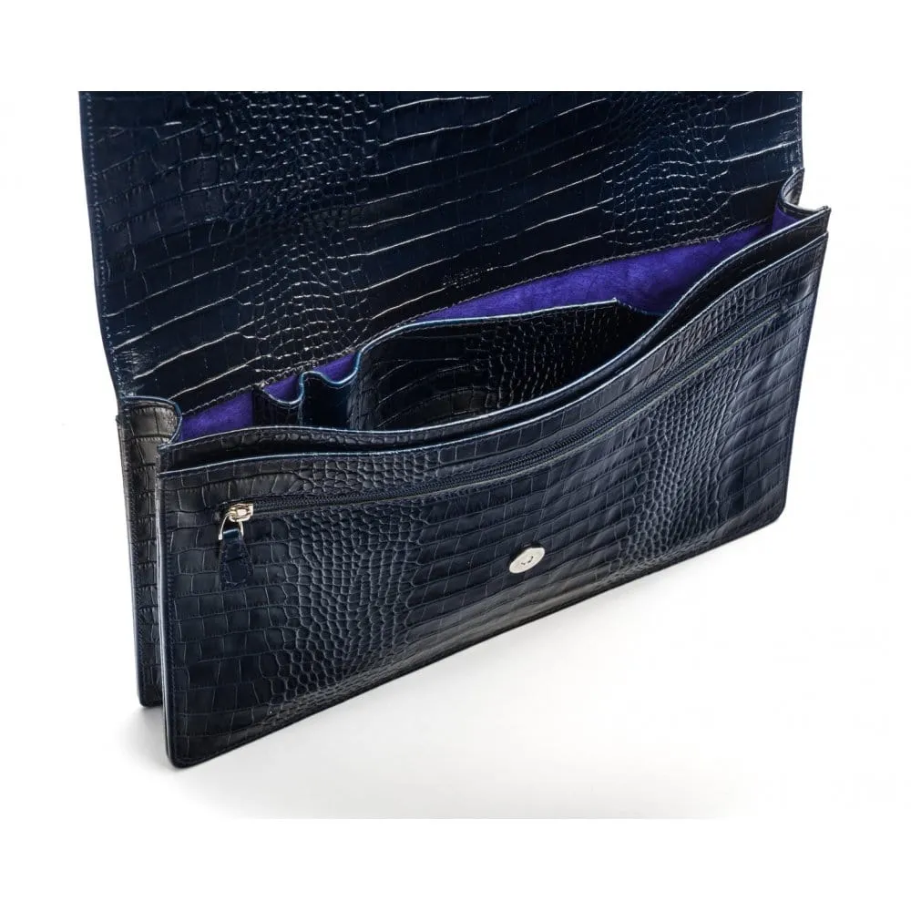 Leather Oxford A4 Portfolio Case - Navy Croc-Effect