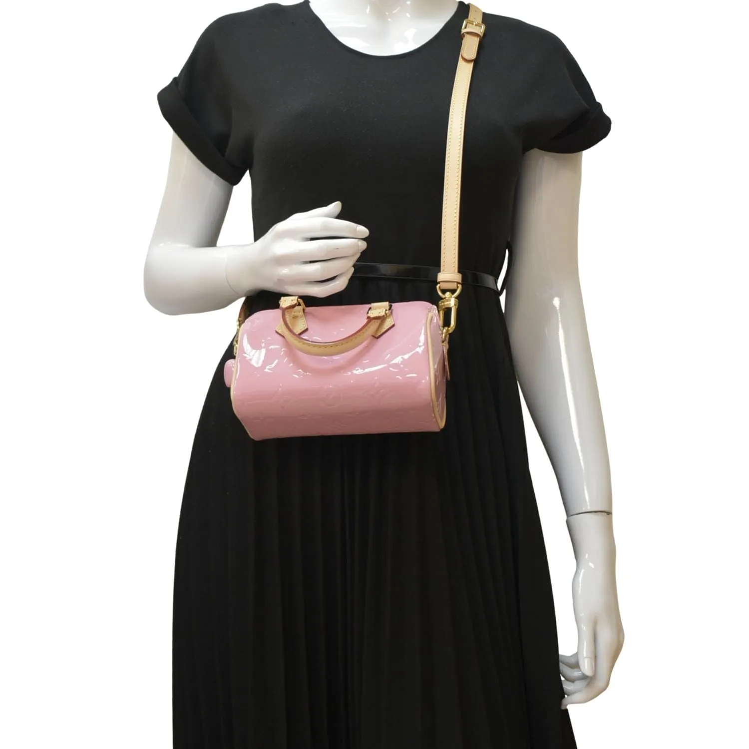 LOUIS VUITTON Nano Speedy Monogram Vernis Crossbody Bag Light Mochi Pink