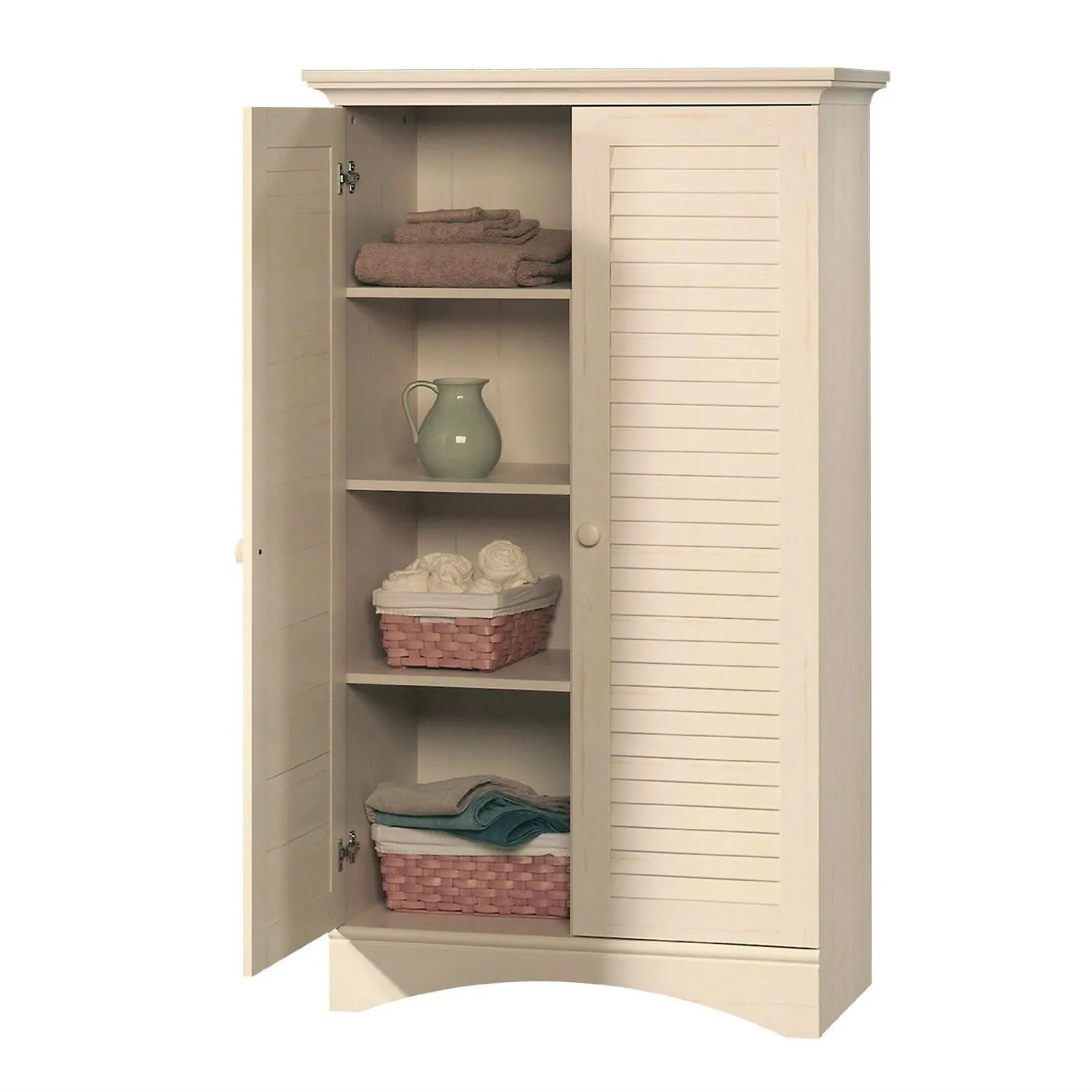 Louver 2-Door Storage Cabinet Bed Bath Armoire Wardrobe in Antique White