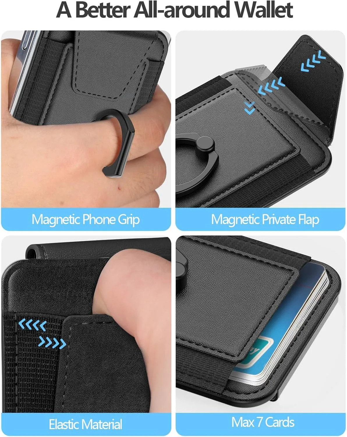 Magsafe Wallet with Grip & Pravcy Flap, RFID Blocking Magnetic Card Holder for Iphone Series - Black