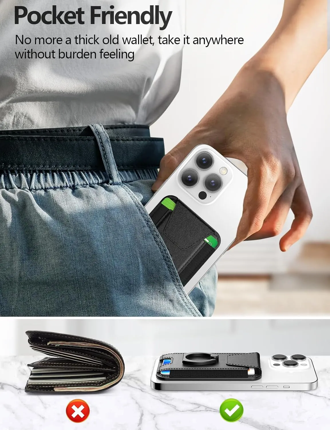 Magsafe Wallet with Grip & Pravcy Flap, RFID Blocking Magnetic Card Holder for Iphone Series - Black