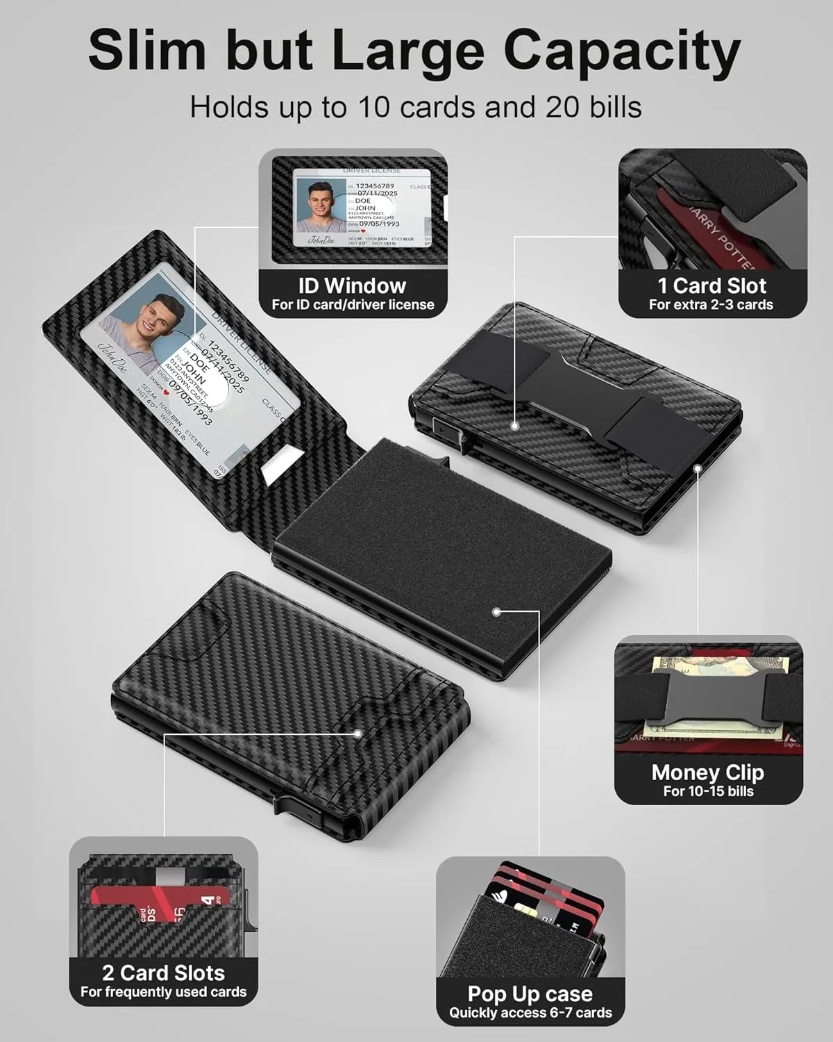 Pop Up Wallet for Men, Minimalist Carbon Fiber Card Holder