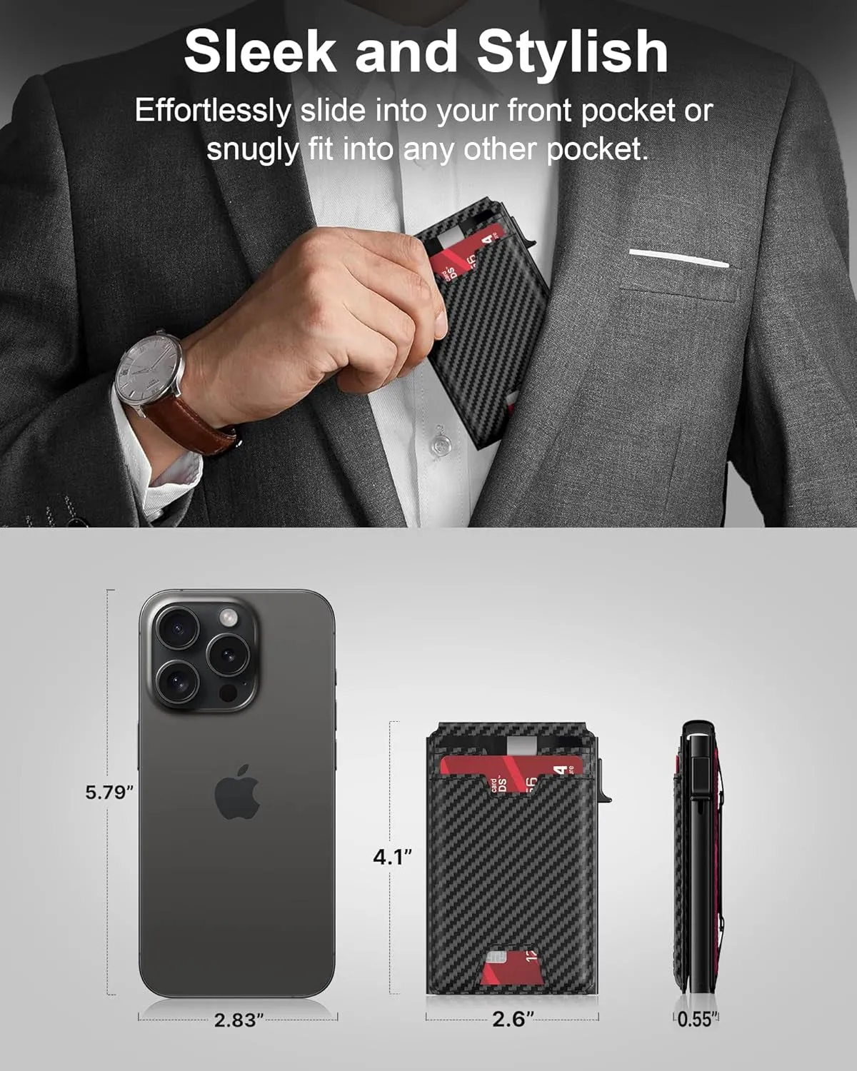 Pop Up Wallet for Men, Minimalist Carbon Fiber Card Holder