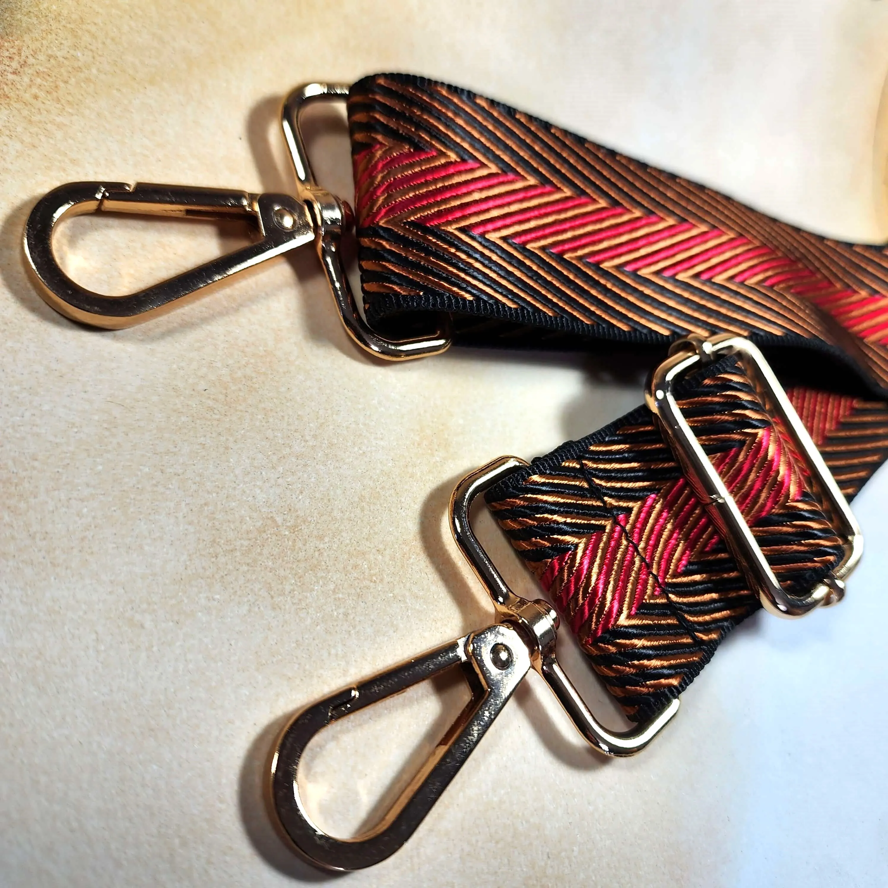 Red Black Gold Zig Zag Purse Strap, Bag Strap | 31 - 51 Inch Guitar purse straps