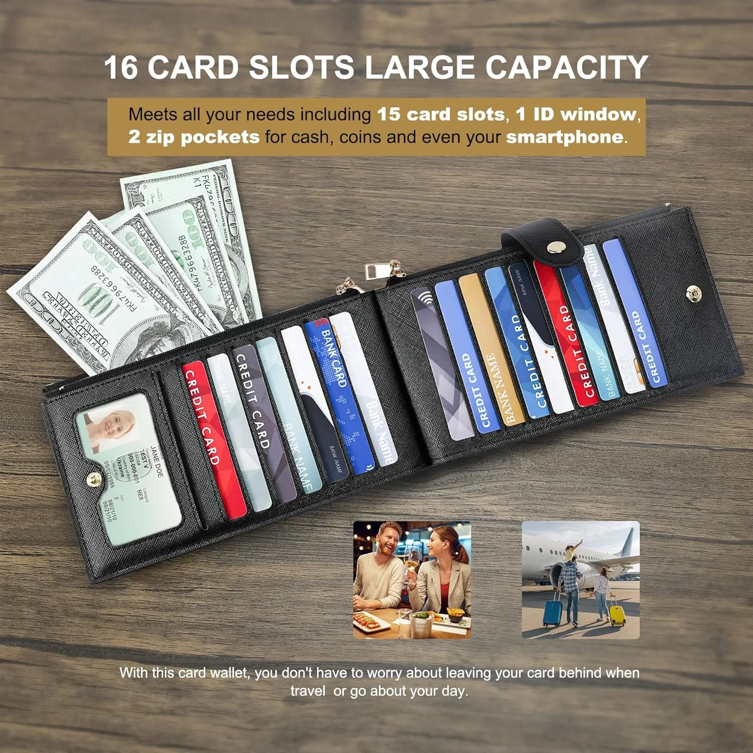 RFID Blocking Bifold Wallet, Double-Zipper Credit Card Holder