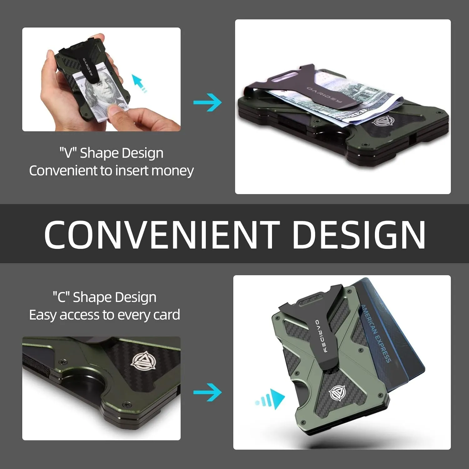Slim Aluminum Metal Money Clip with Clear ID Card Holder Green