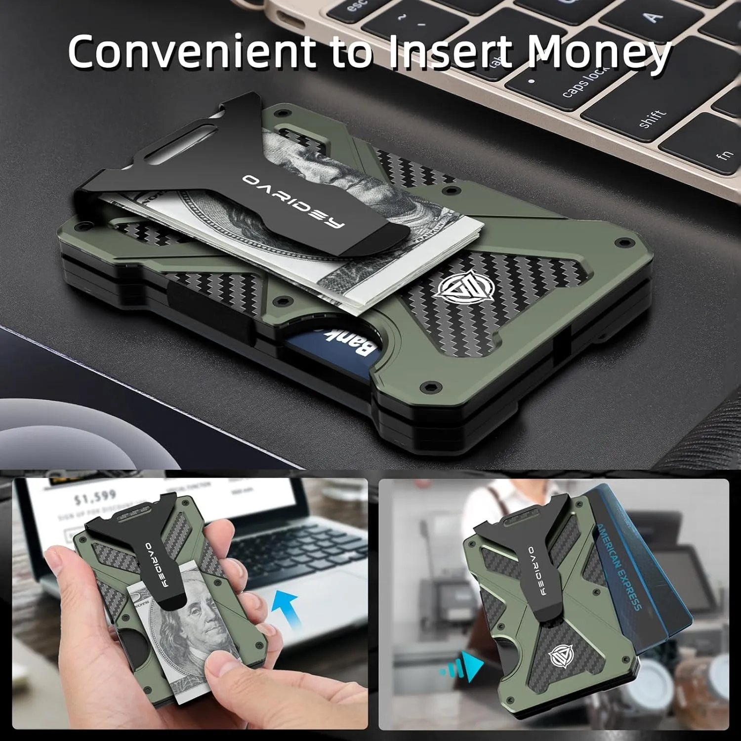 Slim Aluminum Metal Money Clip with Clear ID Card Holder Green
