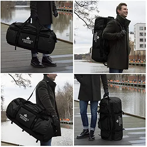 The Friendly Swede Duffle Bag for Women and Men with Backpack Straps, Gym Bag for Women, Travel Bag, Weekender Bags for Women, Duffle Bag Women - SANDHAMN Duffle Waterproof Material - Black - 90L