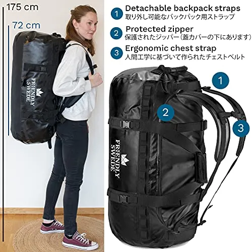 The Friendly Swede Duffle Bag for Women and Men with Backpack Straps, Gym Bag for Women, Travel Bag, Weekender Bags for Women, Duffle Bag Women - SANDHAMN Duffle Waterproof Material - Black - 90L