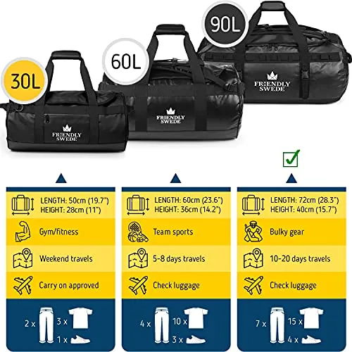 The Friendly Swede Duffle Bag for Women and Men with Backpack Straps, Gym Bag for Women, Travel Bag, Weekender Bags for Women, Duffle Bag Women - SANDHAMN Duffle Waterproof Material - Black - 90L