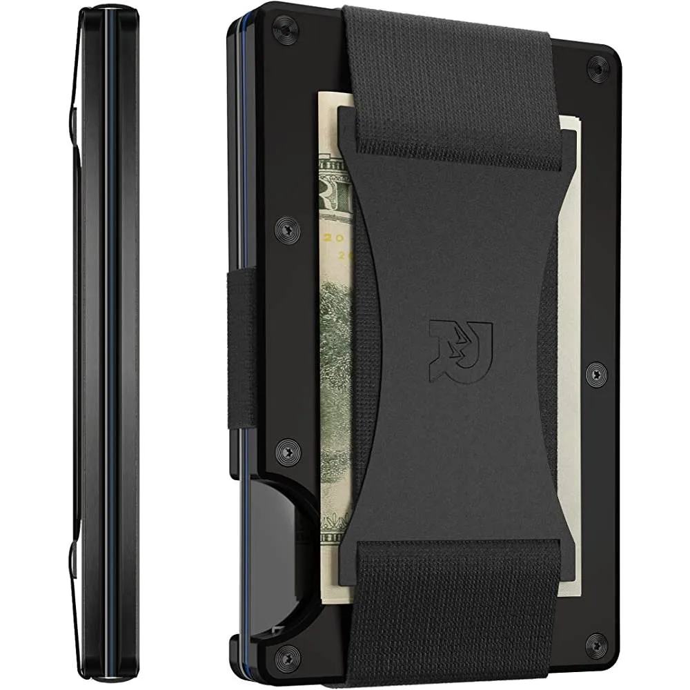 The Ridge Minimalist Slim Wallet For Men - RFID Blocking Front Pocket Credit Card Holder - Aluminum Metal Small Mens Wallets with Cash Strap (Black) | Multiple Colors