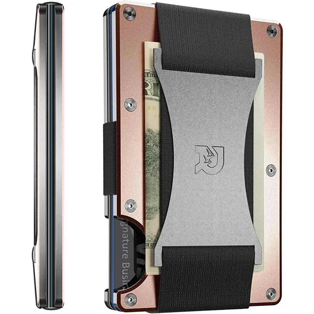 The Ridge Minimalist Slim Wallet For Men - RFID Blocking Front Pocket Credit Card Holder - Aluminum Metal Small Mens Wallets with Cash Strap (Black) | Multiple Colors