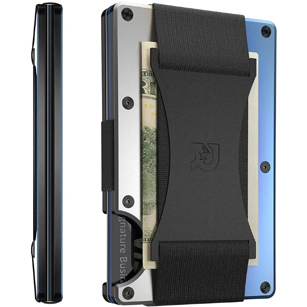 The Ridge Minimalist Slim Wallet For Men - RFID Blocking Front Pocket Credit Card Holder - Aluminum Metal Small Mens Wallets with Cash Strap (Black) | Multiple Colors