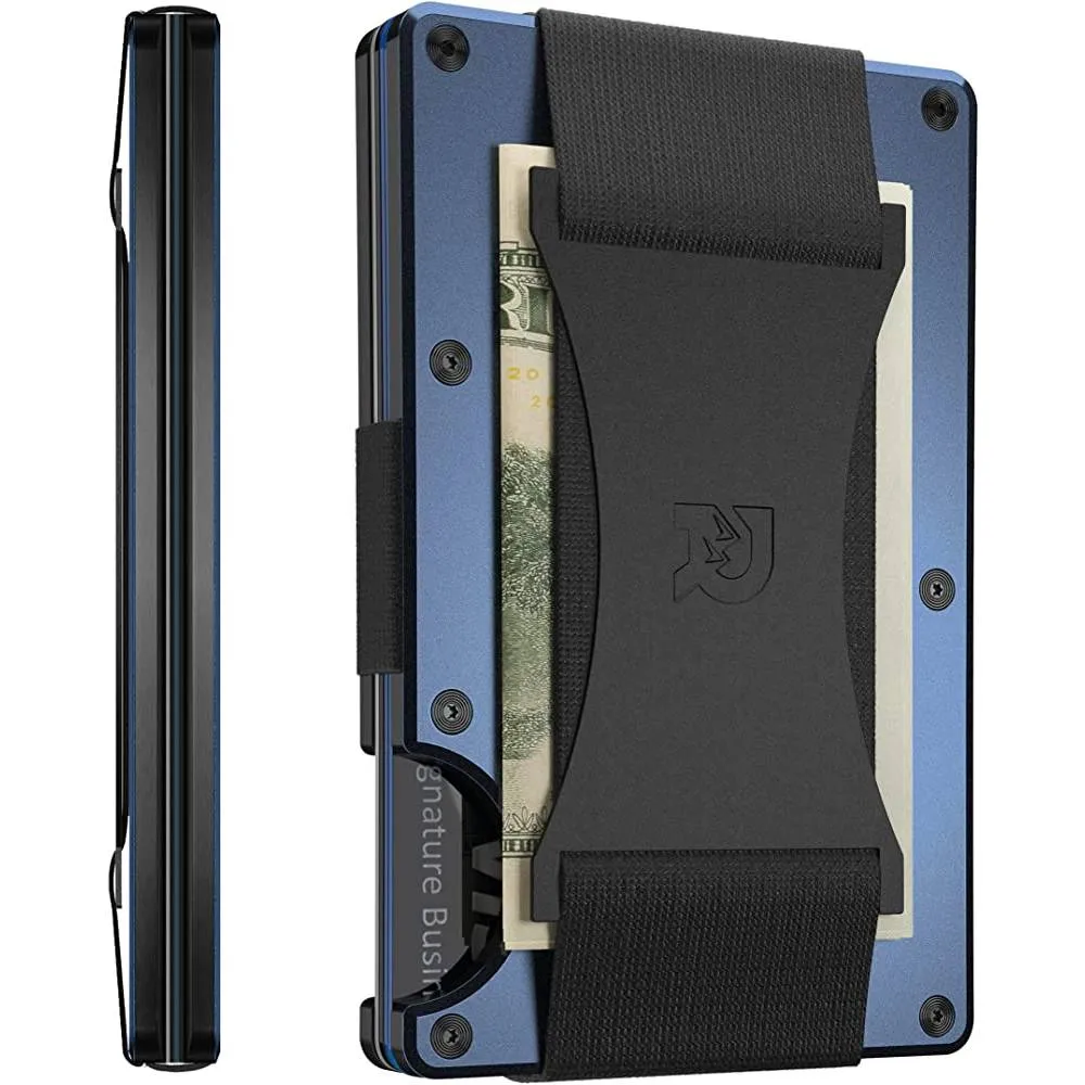 The Ridge Minimalist Slim Wallet For Men - RFID Blocking Front Pocket Credit Card Holder - Aluminum Metal Small Mens Wallets with Cash Strap (Black) | Multiple Colors