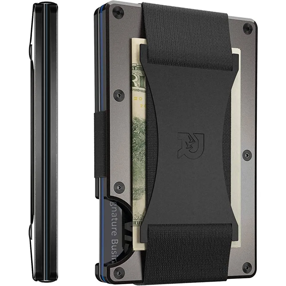 The Ridge Minimalist Slim Wallet For Men - RFID Blocking Front Pocket Credit Card Holder - Aluminum Metal Small Mens Wallets with Cash Strap (Black) | Multiple Colors