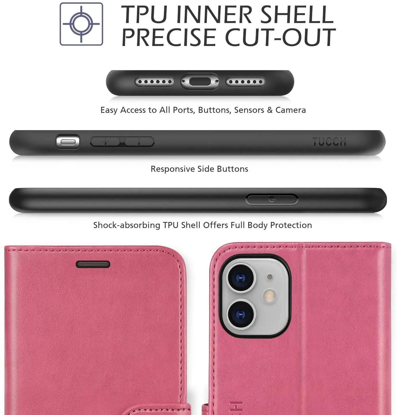 TUCCH iPhone 11 Case, RFID iPhone 11 Wallet Case PU Leather Flip Cover with Credit Card Slot, with Magnetic Clasp Closure and Kickstand Compatible with iPhone 11 (6.1 inch)- Hot Pink