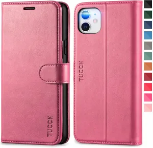 TUCCH iPhone 11 Case, RFID iPhone 11 Wallet Case PU Leather Flip Cover with Credit Card Slot, with Magnetic Clasp Closure and Kickstand Compatible with iPhone 11 (6.1 inch)- Hot Pink