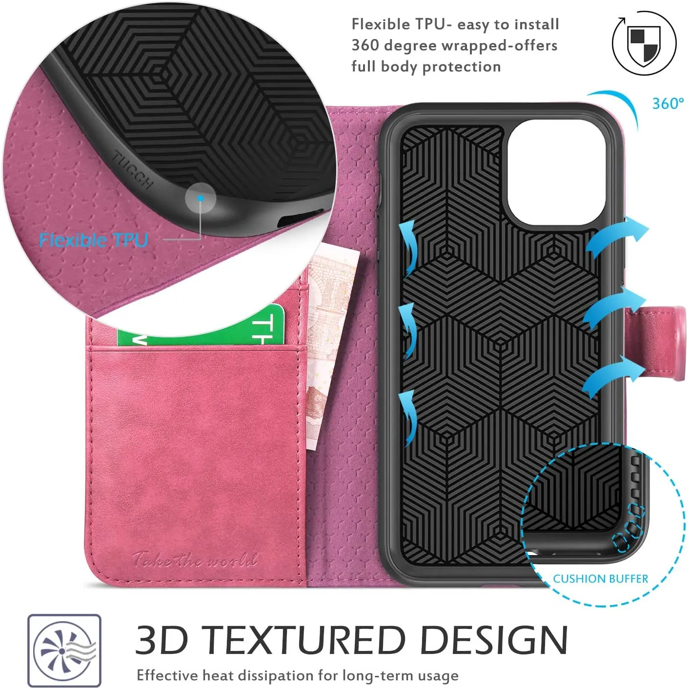 TUCCH iPhone 11 Case, RFID iPhone 11 Wallet Case PU Leather Flip Cover with Credit Card Slot, with Magnetic Clasp Closure and Kickstand Compatible with iPhone 11 (6.1 inch)- Hot Pink