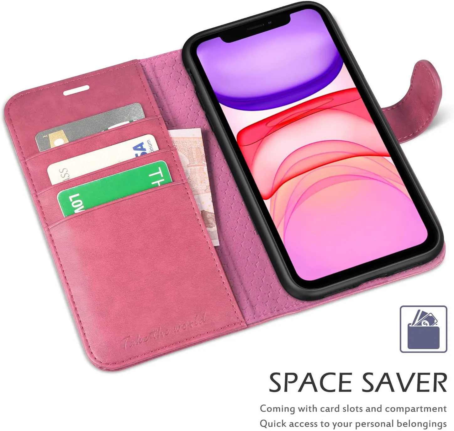 TUCCH iPhone 11 Case, RFID iPhone 11 Wallet Case PU Leather Flip Cover with Credit Card Slot, with Magnetic Clasp Closure and Kickstand Compatible with iPhone 11 (6.1 inch)- Hot Pink