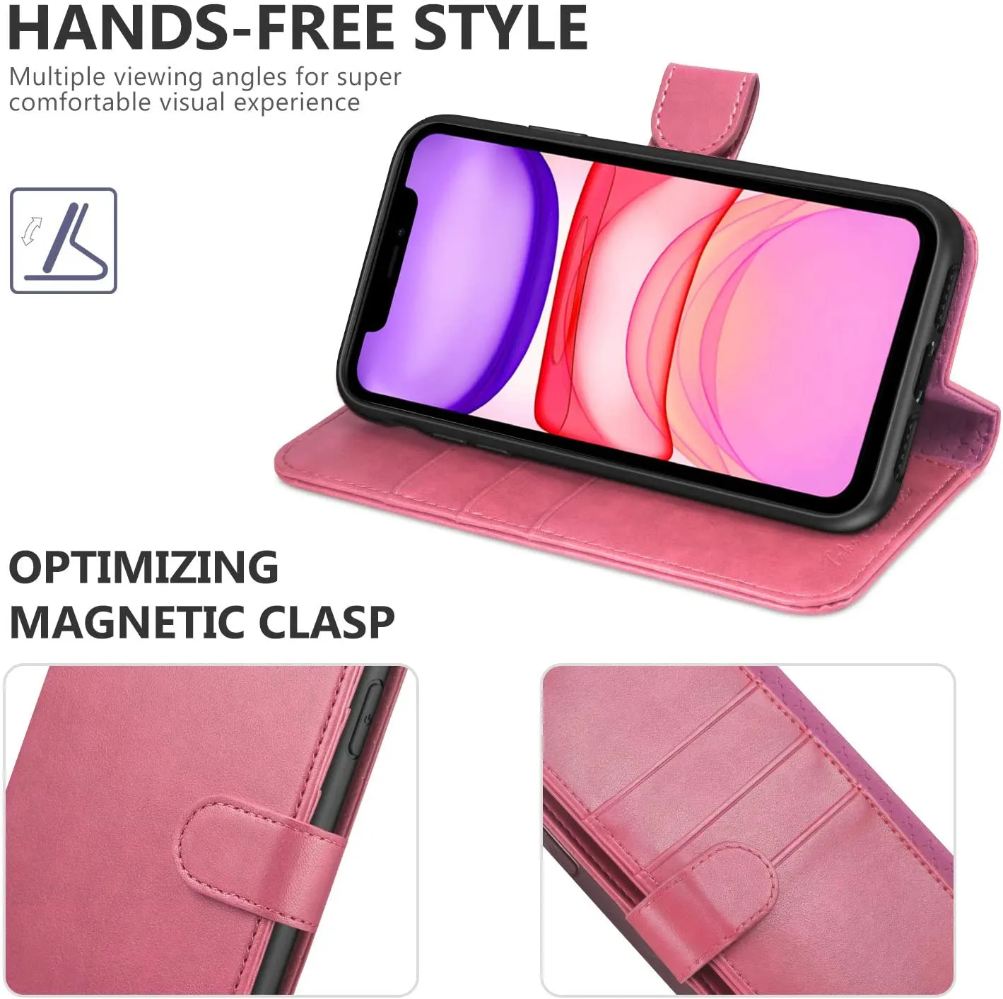 TUCCH iPhone 11 Case, RFID iPhone 11 Wallet Case PU Leather Flip Cover with Credit Card Slot, with Magnetic Clasp Closure and Kickstand Compatible with iPhone 11 (6.1 inch)- Hot Pink