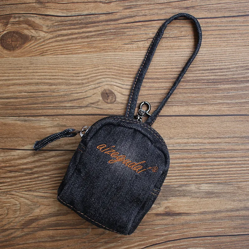 Vintage Mens Blue Denim Mini Pouch Denim Small Card Coin Bag with Lanyard for Women
