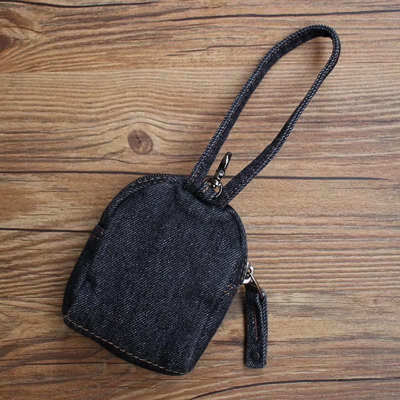 Vintage Mens Blue Denim Mini Pouch Denim Small Card Coin Bag with Lanyard for Women