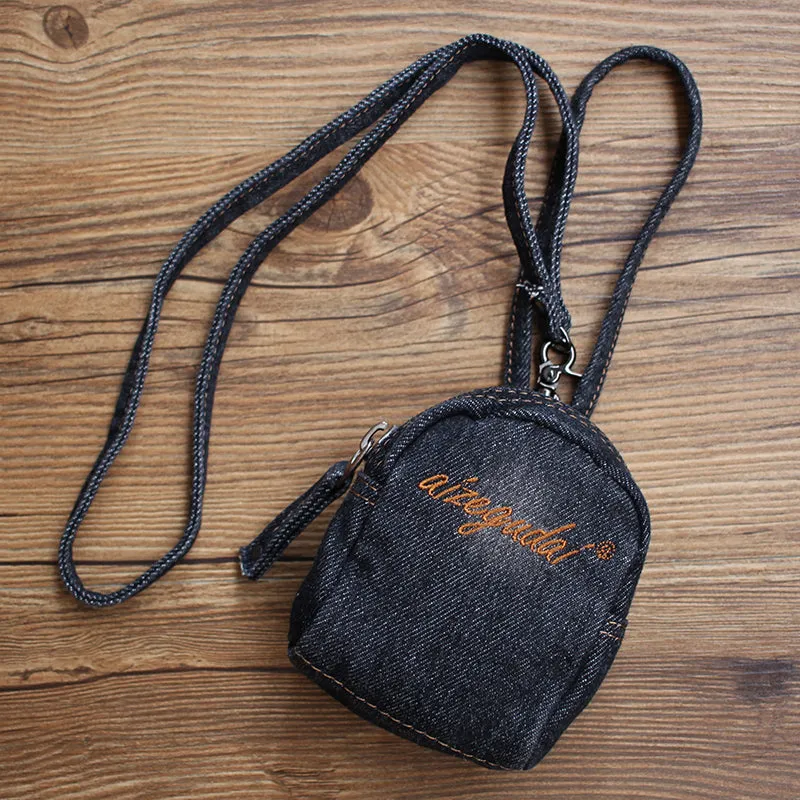 Vintage Mens Blue Denim Mini Pouch Denim Small Card Coin Bag with Lanyard for Women