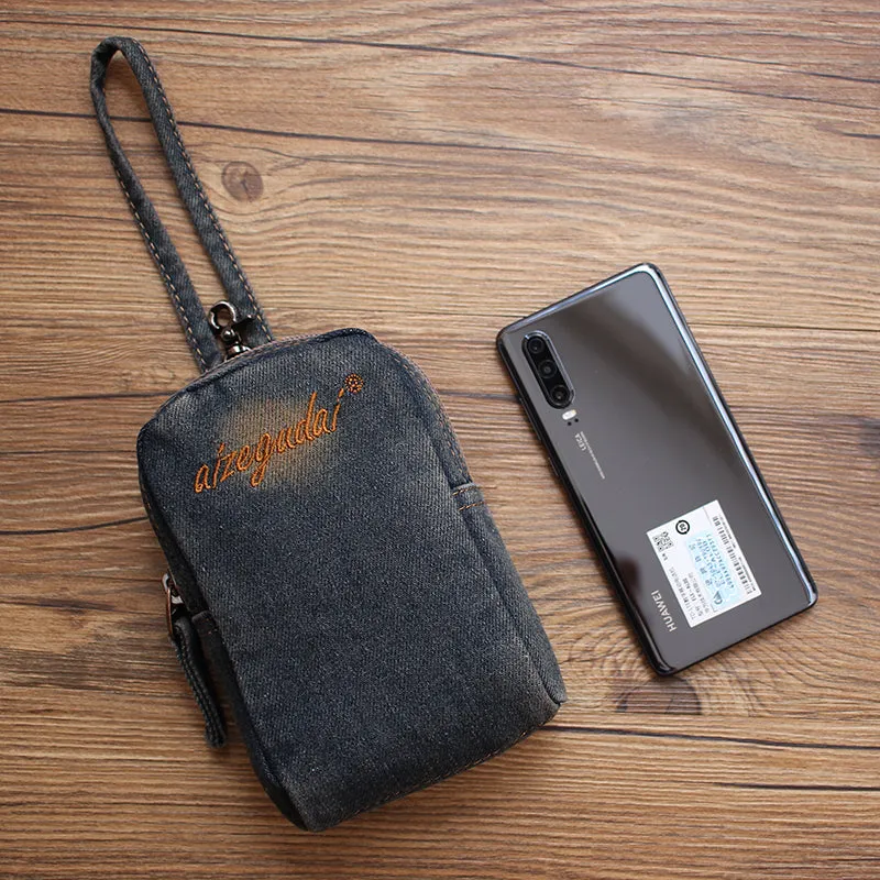 Vintage Womens Black Denim Mini Pouch with Wristlet Denim Small Phone Bag for Women