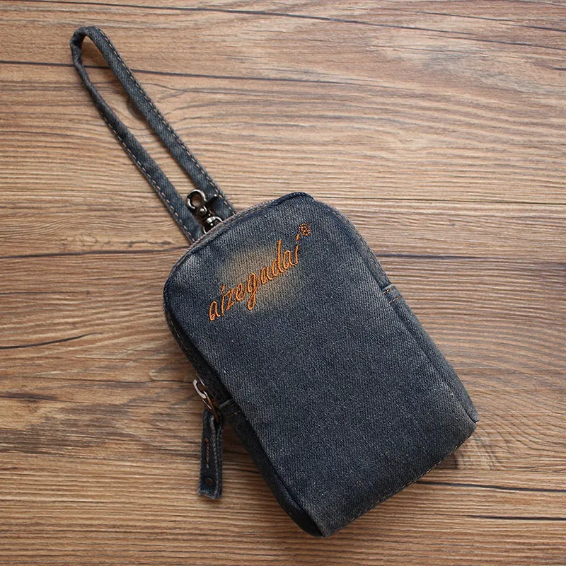 Vintage Womens Black Denim Mini Pouch with Wristlet Denim Small Phone Bag for Women