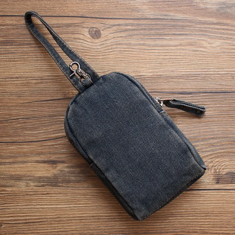 Vintage Womens Black Denim Mini Pouch with Wristlet Denim Small Phone Bag for Women