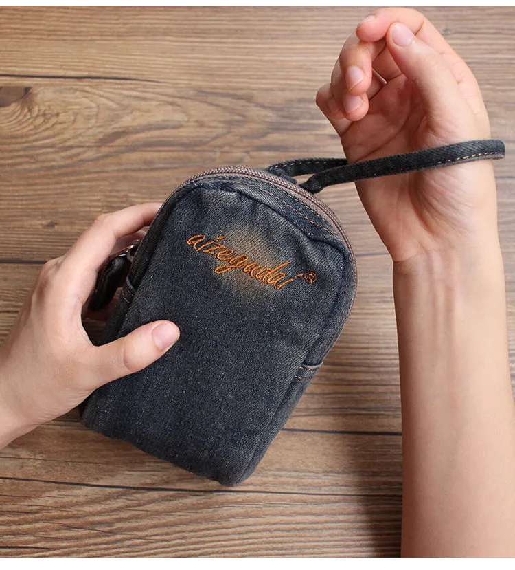 Vintage Womens Black Denim Mini Pouch with Wristlet Denim Small Phone Bag for Women