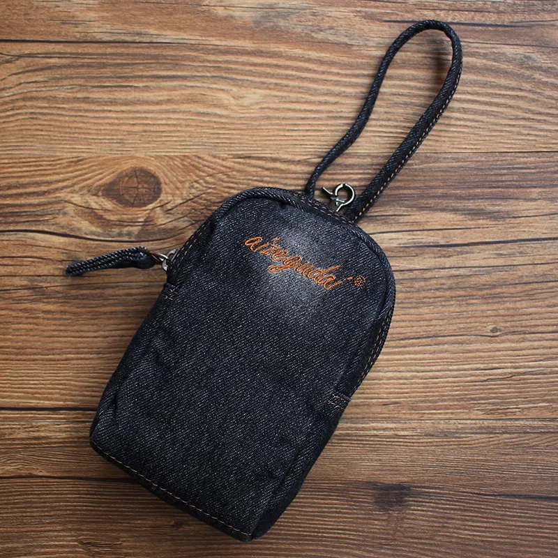 Vintage Womens Black Denim Mini Pouch with Wristlet Denim Small Phone Bag for Women