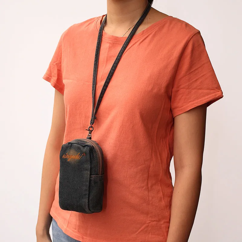 Vintage Womens Black Denim Mini Pouch with Wristlet Denim Small Phone Bag for Women