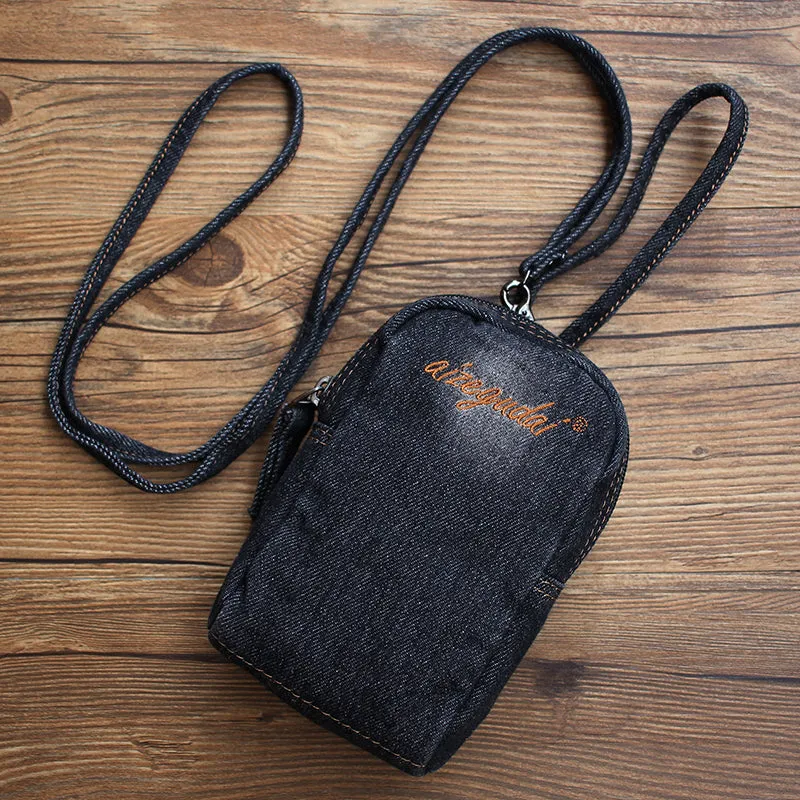 Vintage Womens Black Denim Mini Pouch with Wristlet Denim Small Phone Bag for Women