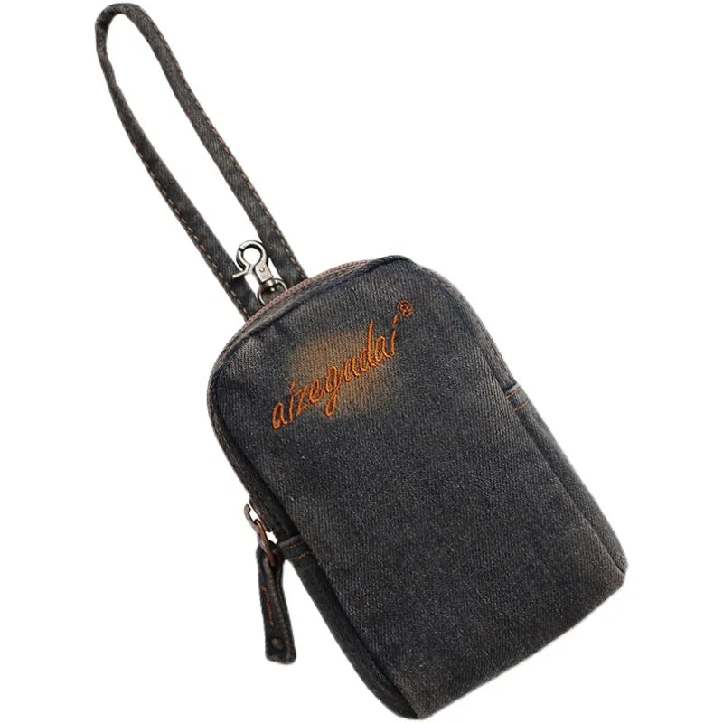 Vintage Womens Black Denim Mini Pouch with Wristlet Denim Small Phone Bag for Women